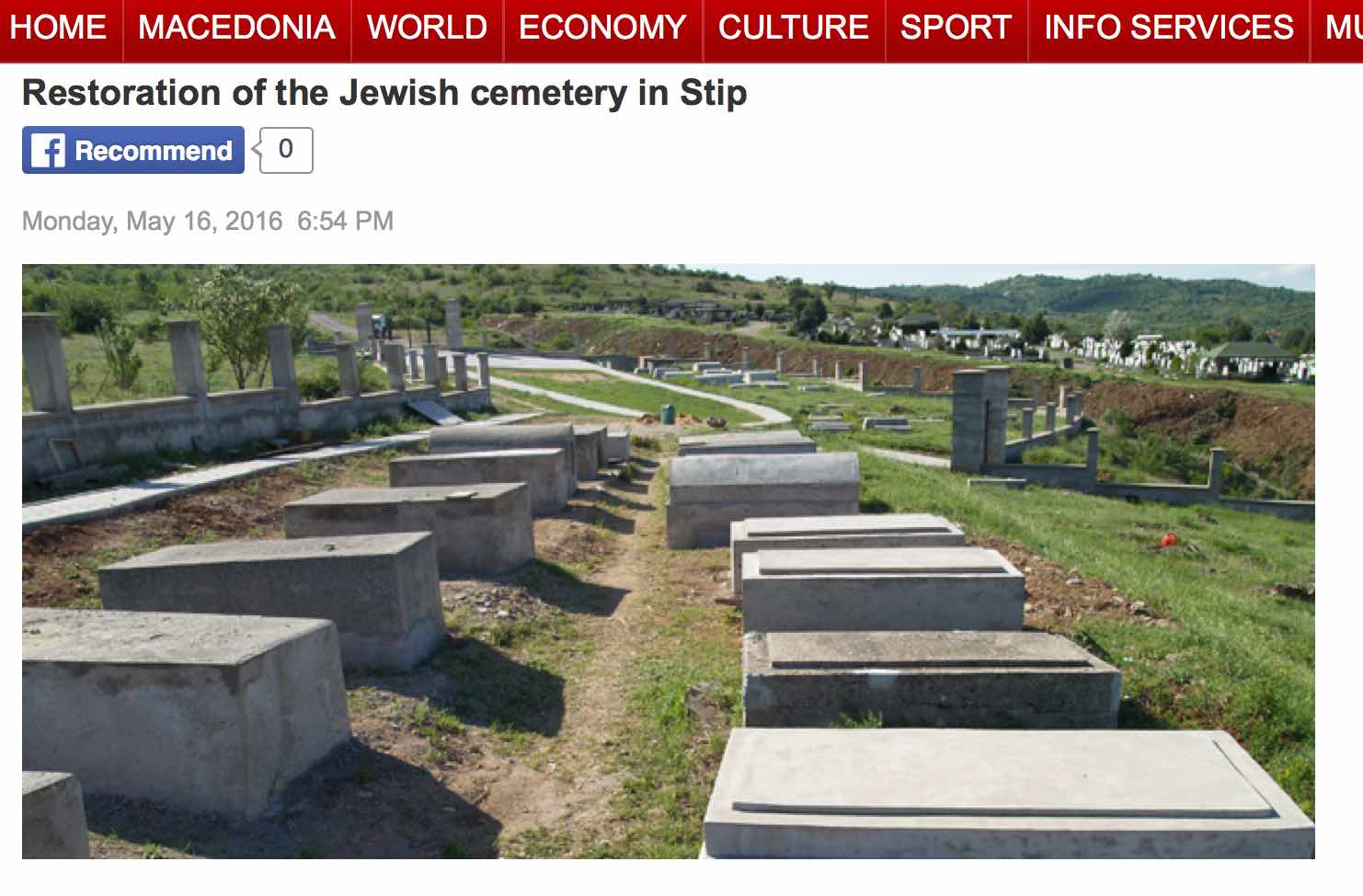 Screen shot from the mia.mk web site showing restored Jewish cemetery in Stip