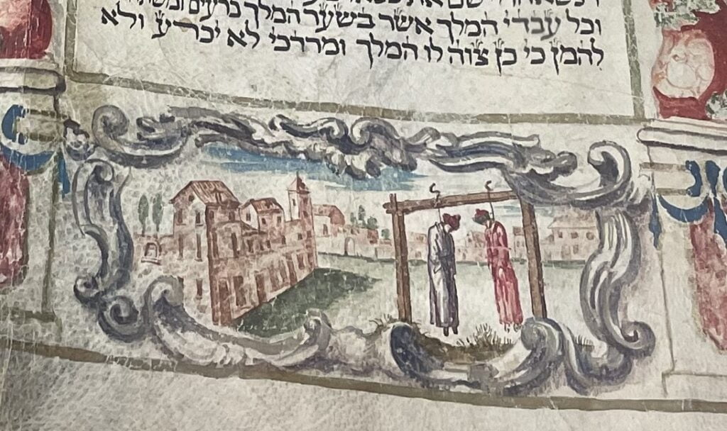 Detail of early 18th century Esther Scroll -- hanging of two traitorous king's chamberlains