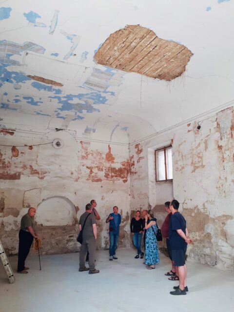 Interior of the Neveklov synagogue, showing damaged ceiling. Photo: K. Svolbodova