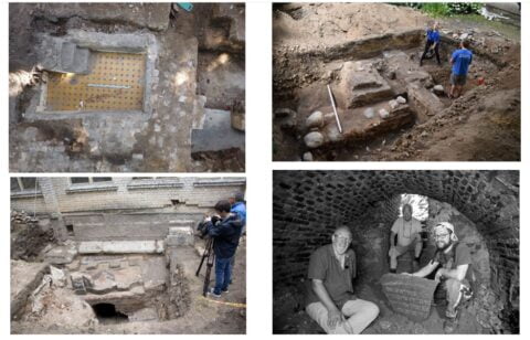 Montage of photos from the Vilna Synagogue excavations, from the 2024 season announcement