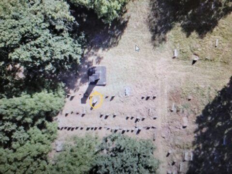 Aerial photo via drone, 2022, Riskind’s memorial circled. Photo: Dr. Tomasz Wisniewski.