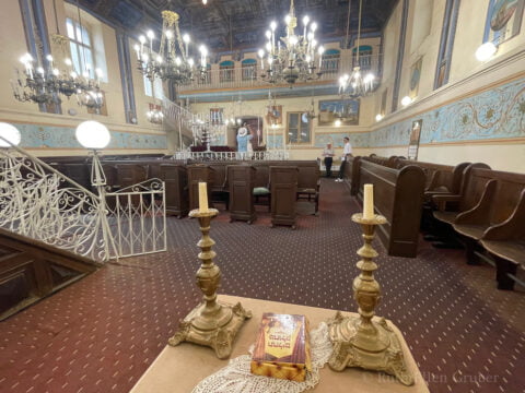 Shabbat candles in the historic Great Synagogue in Botosani, Romania