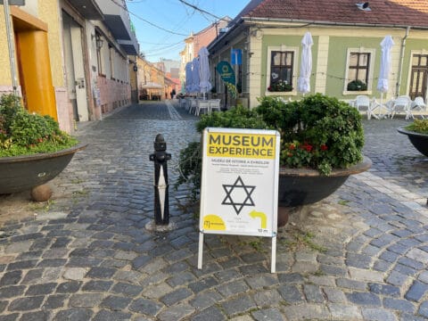 Signage for the recently opened Muzeon storytelling Jewish museum in Cluj, Romania