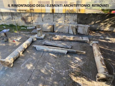 Piecing together the recovered fragments of thebivorno synagogue portal. Photo courtesy of Renzo Funaro