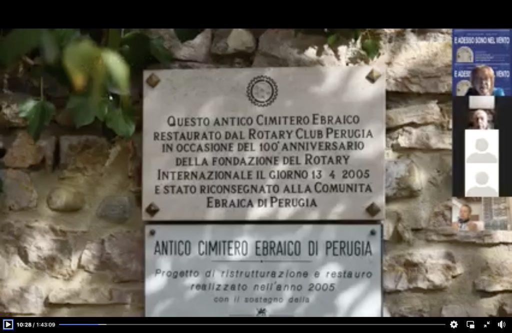 Plaque placed inside the old Jewish cemetery Perugia after restoration in 2005. Screen grab from Zoom presentation
