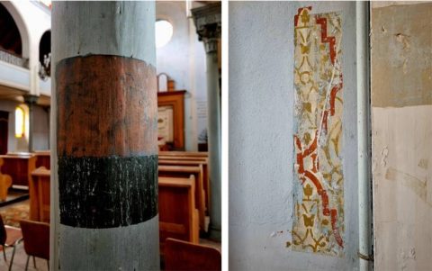 Remnants of painted decoration in the Guebwillar synagogue. Photo: DRAC