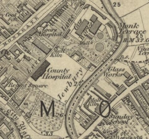 First edition Ordnance Survey map of the Jewbury area of York showing the cemetery site as a parcel of land used at that time as an orchard. (1:10,560 scale, surveyed 1846 to 1851, published in 1853) 